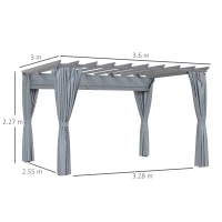 Outsunny 3.6 x 3m Outdoor Retractable Pergola with Curtains and Aluminum Frame, Garden Gazebo Canopy Sun Shade Shelter, Dark Grey(m-3)