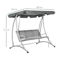 Outsunny Three Person Steel Outdoor Porch Swing Chair Bench w/ Canopy Cover Grey(m-3)