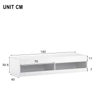 Wall-Mounted High Gloss TV Cabinet with LED Lights, Modern Floating Media Console for up to 65" TV, for Living Room, 140x40x30.5 cm, White(m-3)