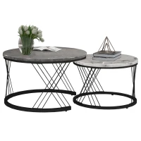 Set of 2 Modern Nesting Marble Coffee Tables with Metal Frame, Space-Saving Design, 70x70x45 cm and 44.5x44.5x38 cm, Grey(m-10)