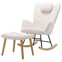 Sponge Cushion Rocking Chair with Footrest, Neck Pillow, Solid Wood Frame, Modern Rocker for Living Room, Bedroom, 82x65x94 cm, White(m-11)