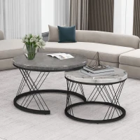 Set of 2 Modern Nesting Marble Coffee Tables with Metal Frame, Space-Saving Design, 70x70x45 cm and 44.5x44.5x38 cm, Grey(m-5)