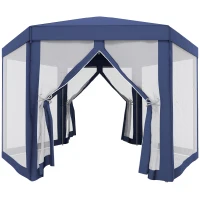 Outsunny Pavillon Gartenpavillon mit Moskitonetz Partyzelt Gartenzelt Festzelt Zelt 6-eckig Polyester+Metall Blau 394x341,2x250cm(m-10)