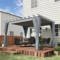 Outsunny 3.6 x 3m Outdoor Retractable Pergola with Curtains and Aluminum Frame, Garden Gazebo Canopy Sun Shade Shelter, Dark Grey(m-15)