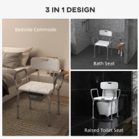 HOMCOM Scaun de Dus 3 in 1 cu Spatar si Brate, Toaleta langa Pat cu Inaltime Reglabila, Scaun de Toaleta Ridicat cu Placuta de Picior  pentru Seniori, Femei Insarcinate, Persoane cu Dizabilitati, Alb(m-4)