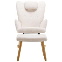 Sponge Cushion Rocking Chair with Footrest, Neck Pillow, Solid Wood Frame, Modern Rocker for Living Room, Bedroom, 82x65x94 cm, White(m-2)