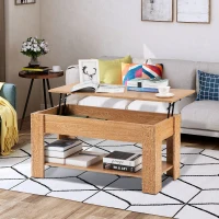 Lift-Top Coffee Table with Hidden Storage and Lower Shelf, Adjustable Height, Engineered Hardwood, 100x45x49-63 cm, Oak(m-1)