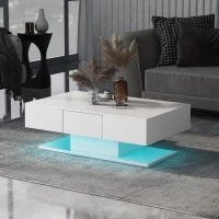 Modern High-Gloss Coffee Table with LED Lights, 2 Drawers and Remote Control, Chipboard, 100x60x36 cm - Ideal for Contemporary Living Spaces, White(m-4)