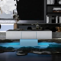 Modern High-Gloss Coffee Table with LED Lights, 2 Drawers and Remote Control, Chipboard, 100x60x36 cm - Ideal for Contemporary Living Spaces, White(m-1)