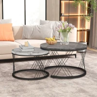 Set of 2 Modern Nesting Marble Coffee Tables with Metal Frame, Space-Saving Design, 70x70x45 cm and 44.5x44.5x38 cm, Grey(m-4)