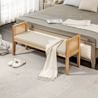 HOMCOM Bancă Modernă pentru Capătul Patului cu Perne Groase, Cotiere din Ratan și Cadru din Lemn Masiv, 120x38x61.5 cm, Crem(m-2)