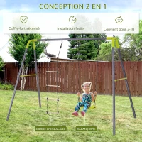 HOMCOM Balançoire enfant 2 agrès portique avec balançoire et échelle dim. 2,65L x 1,38l x 1,75H m métal époxy anticorrosion PE Gris Anthracite Vert Pomme(m-5)
