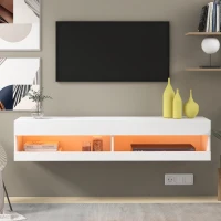 Wall-Mounted High Gloss TV Cabinet with LED Lights, Modern Floating Media Console for up to 65" TV, for Living Room, 140x40x30.5 cm, White(m-5)