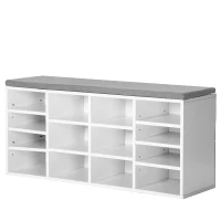 Wooden Shoe Storage Bench with Cushion, Adjustable 14-Grid Shoe Storage Cabinet for Hallway, 104x30x48 cm, White(m-6)