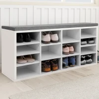 Wooden Shoe Storage Bench with Cushion, Adjustable 14-Grid Shoe Storage Cabinet for Hallway, 104x30x48 cm, White(m-4)