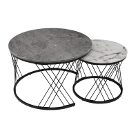 Set of 2 Modern Nesting Marble Coffee Tables with Metal Frame, Space-Saving Design, 70x70x45 cm and 44.5x44.5x38 cm, Grey(m-2)