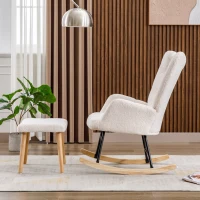 Sponge Cushion Rocking Chair with Footrest, Neck Pillow, Solid Wood Frame, Modern Rocker for Living Room, Bedroom, 82x65x94 cm, White(m-5)