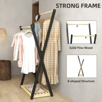 HOMCOM Cuier de Podea din Lemn cu 2 Bare, Suport pentru Haine Autoportant Modern cu Raft Inferior, 61x45x152 cm, Natural(m-5)