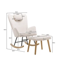 Sponge Cushion Rocking Chair with Footrest, Neck Pillow, Solid Wood Frame, Modern Rocker for Living Room, Bedroom, 82x65x94 cm, White(m-3)