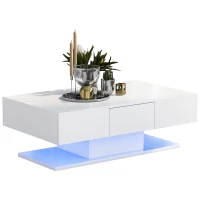 Modern High-Gloss Coffee Table with LED Lights, 2 Drawers and Remote Control, Chipboard, 100x60x36 cm - Ideal for Contemporary Living Spaces, White(m-9)