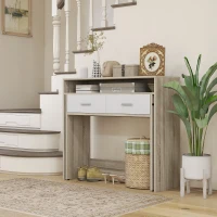 HOMCOM Mesa Consola de Entrada de 2 Níveis com Trilhos Deslizantes 2 Gavetas 2 Rodas Móvel de Entrada 95x35x87 cm Madeira e Branco(m-7)