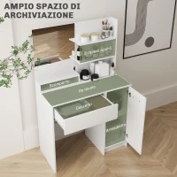 HOMCOM Toeletta Trucco con Specchio e Sgabello, Cassetto, Armadietto e Ripiani in Legno, Bianco(m-4)