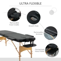 HOMCOM Pat de Masaj Pliabil și Portabil cu Înălțime Ajustabilă și Husă de Transport, Structură din Lemn, 185x60x61-88 cm, Negru(m-5)