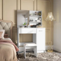 HOMCOM Toeletta Trucco con Specchio e Sgabello, Cassetto, Armadietto e Ripiani in Legno, Bianco(m-2)