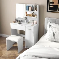 HOMCOM Toeletta Trucco con Specchio e Sgabello, Cassetto, Armadietto e Ripiani in Legno, Bianco(m-9)