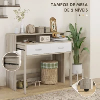 HOMCOM Mesa Consola de Entrada de 2 Níveis com Trilhos Deslizantes 2 Gavetas 2 Rodas Móvel de Entrada 95x35x87 cm Madeira e Branco(m-4)