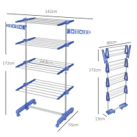HOMCOM Estendal Vertical Dobrável de 4 Níveis com 6 Rodas 2 Laterais Dobráveis Prateleiras Ajustáveis 142x55x172 cm Azul(m-3)