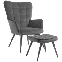 HOMCOM Fotoliu Tapițat pentru Interior cu Brațe și Taburet Integrat, Fotoliu pentru Sufragerie din Țesătură cu Efect de Catifea, 73x77.5x98 cm, Gri Închis(m-1)