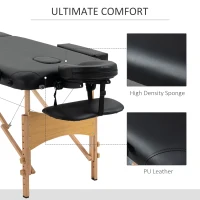 HOMCOM Pat de Masaj Pliabil și Portabil cu Înălțime Ajustabilă și Husă de Transport, Structură din Lemn, 185x60x61-88 cm, Negru(m-6)