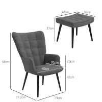 HOMCOM Fotoliu Tapițat pentru Interior cu Brațe și Taburet Integrat, Fotoliu pentru Sufragerie din Țesătură cu Efect de Catifea, 73x77.5x98 cm, Gri Închis(m-3)
