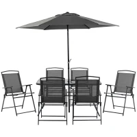 Outsunny Conjunto de Muebles de Jardín 8 Piezas con 6 Sillas Plegables Mesa de Comedor de Vidrio y Sombrilla Inclinable con Manivela Protección del Sol para Terraza Exterior Negro(m-10)