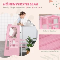 HOMCOM Wieża Montessori dla dzieci, Taboret z uchwytami, Regulowana wysokość, Pomoc kuchenna dla dzieci w wieku od 1,5 do 5 lat, HDPE, Różowy, 47 x 47 x 90 cm(m-4)