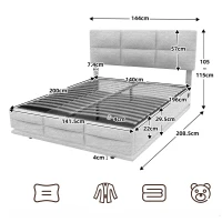 Lit Double avec Rangement et Système Hydraulique, Tissu Velouté, Lumières LED et Chargeur USB, Matelas non inclus, 140x200 cm, Gris(m-3)