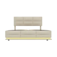 Lit Double avec Rangement et Système Hydraulique, Tissu Velouté, Lumières LED, Chargeur USB, Matelas non inclus, 140x200 cm, Beige(m-2)