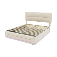 Bett 140x200 mit Bettkasten, LED-Licht, integrierter Stauraum, USB-Ladegerät, Samtstoff, Beige(m-6)