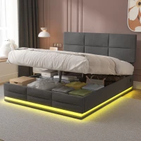 Lit Double avec Rangement et Système Hydraulique, Tissu Velouté, Lumières LED et Chargeur USB, Matelas non inclus, 140x200 cm, Gris(m-6)