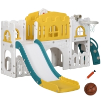 AIYAPLAY Peuterglijbaan, 7-in-1 Speeltoestel, met Basketbal & Stuurwiel, voor 1-3 Jaar, 178x177x99cm, Geel/Wit/Groen