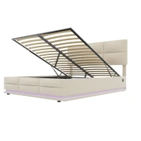Letto Matrimoniale in Tessuto Vellutato con contenitore, Luci LED e Caricatore USB, 140x200 cm, Beige(m-8)