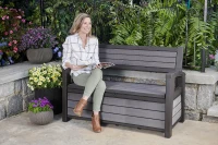 Keter Panchina Contenitore da Giardino Hudson, 227L, Effetto Legno Spazzolato, Grafite, 132,7x61,2x89H cm(m-9)