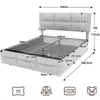 Lit Double avec Rangement et Système Hydraulique, Tissu Velouté, Lumières LED, Chargeur USB, 160x200 cm, Beige(m-3)