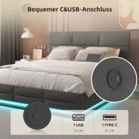 Letto Matrimoniale in Tessuto Vellutato con contenitore, Luci LED e Caricatore USB, 140x200 cm, Grigio(m-5)