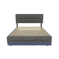 Lit Double avec Rangement et Système Hydraulique, Tissu Velouté, Lumières LED et Chargeur USB, Matelas non inclus, 140x200 cm, Gris(m-2)