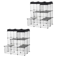 PawHut Lot de 2 cages parc enclos pour petits animaux chats visons modulable 3 niveaux 2 portes rampe fil métallique noir(m-10)