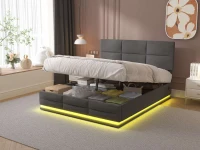 Lit Double avec Rangement et Système Hydraulique, Tissu Velouté, Lumières LED et Chargeur USB, 160x200 cm, Gris(m-6)