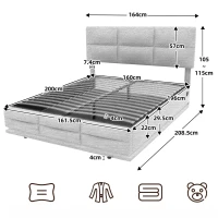 Letto Matrimoniale in Tessuto Vellutato con contenitore, Luci LED e Caricatore USB, 160x200 cm, Grigio(m-3)