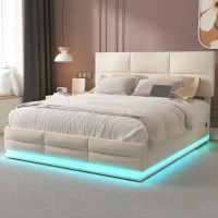 Letto Matrimoniale in Tessuto Vellutato con contenitore, Luci LED e Caricatore USB, 140x200 cm, Beige(m-1)